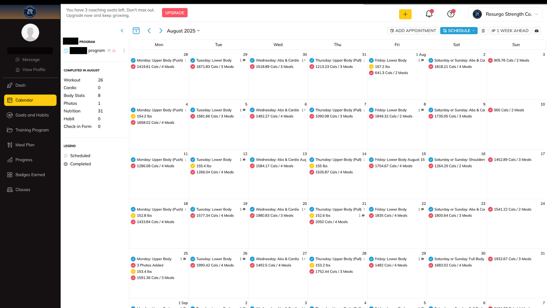Real client training calendar inside the Resurgo coaching app — daily workouts, cardio, weigh-ins, and meals tracked.